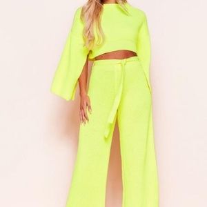 Francie Neon Yellow Knit Ribbed Split Sleeve set